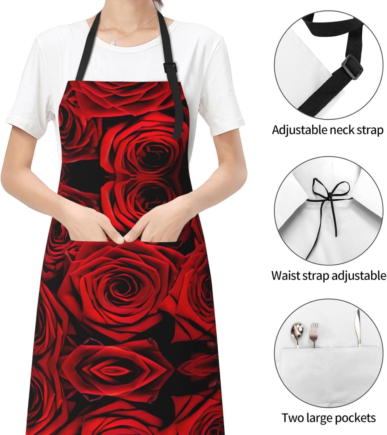 Red Rose Flower Print Laundry apron 28x33 In Waterproof Kitchen Apron 