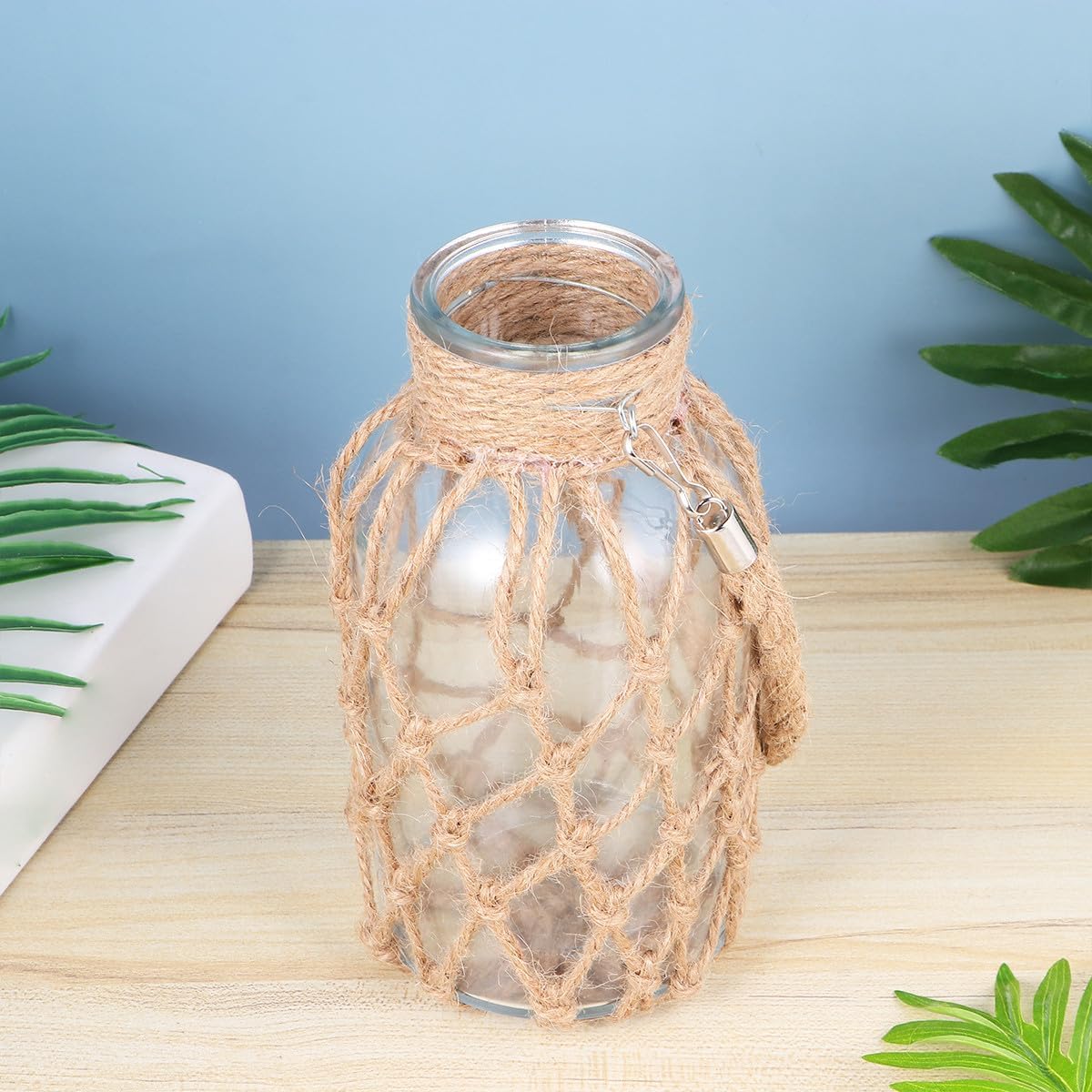 Milisten Rope Glass Vase Hydroponics Flower Pot with Natural Jute Twine Decorative Planter for Home Living Room Office Green Plant Container