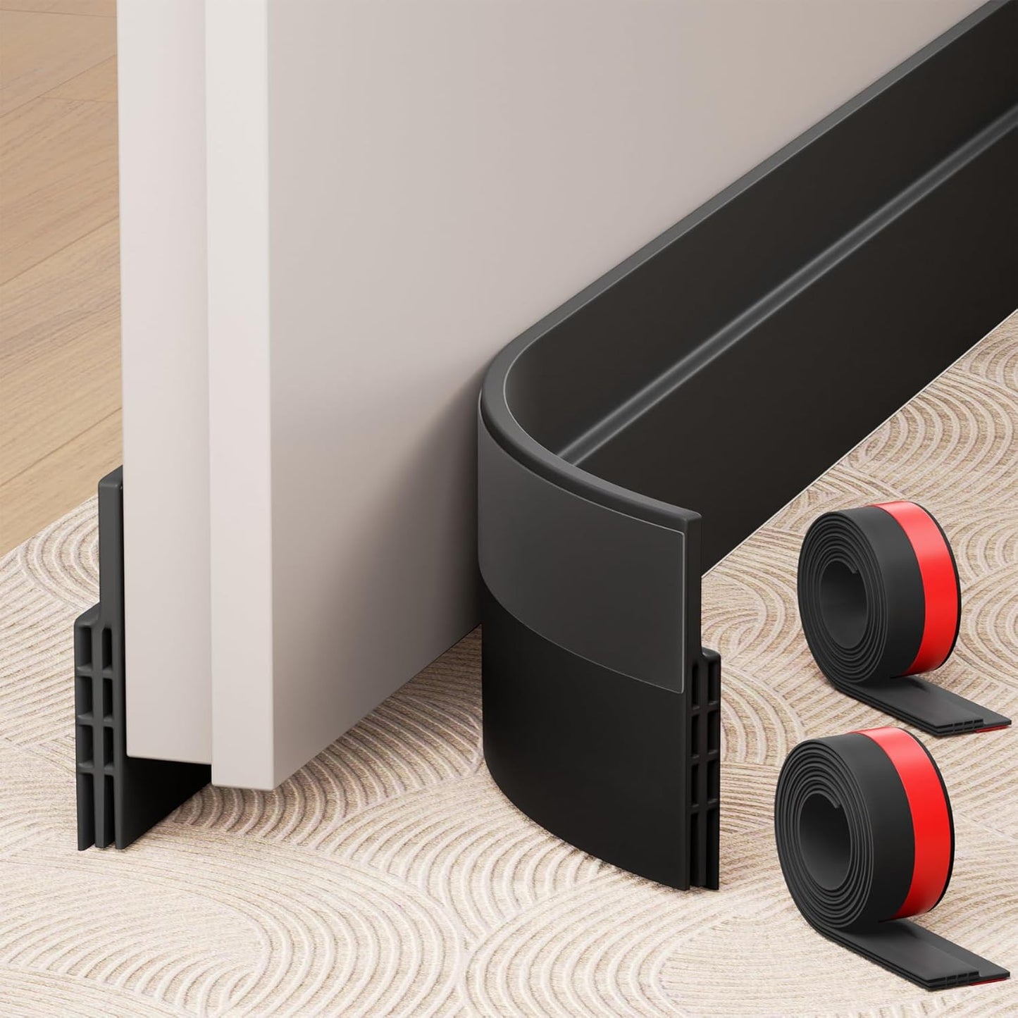 Hojoy 2 Pack Under Door Draft Stopper, Adjustable Door Sweep Anti-Collision Strong Adhesive Weather Stripping Tape Soundproof Draught Stoppers 2" W x 39" L, Black