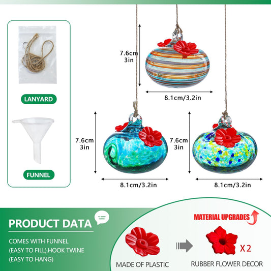 3PCS Small Glass Hummingbird Feeders for Outdoors 3inch Hand Blown Glass Humming Bird Feeder for Window Hanging Ant and Bee Proof Humming Birds Feeders