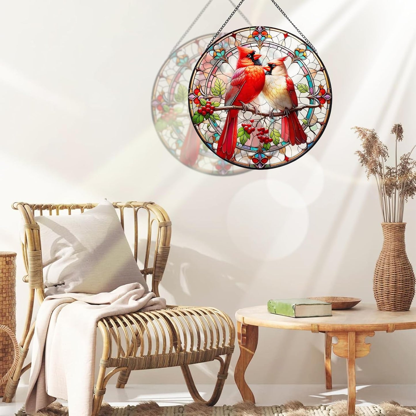 RIVEENY Cardinal Stained Glass Suncatchers for Windows Hanging,Couple Red Love Birds Sun Catchers for Christmas Ornaments, Stained Glass Cardinal Memorial Gifts for Women Mom 20cm/7.87inch