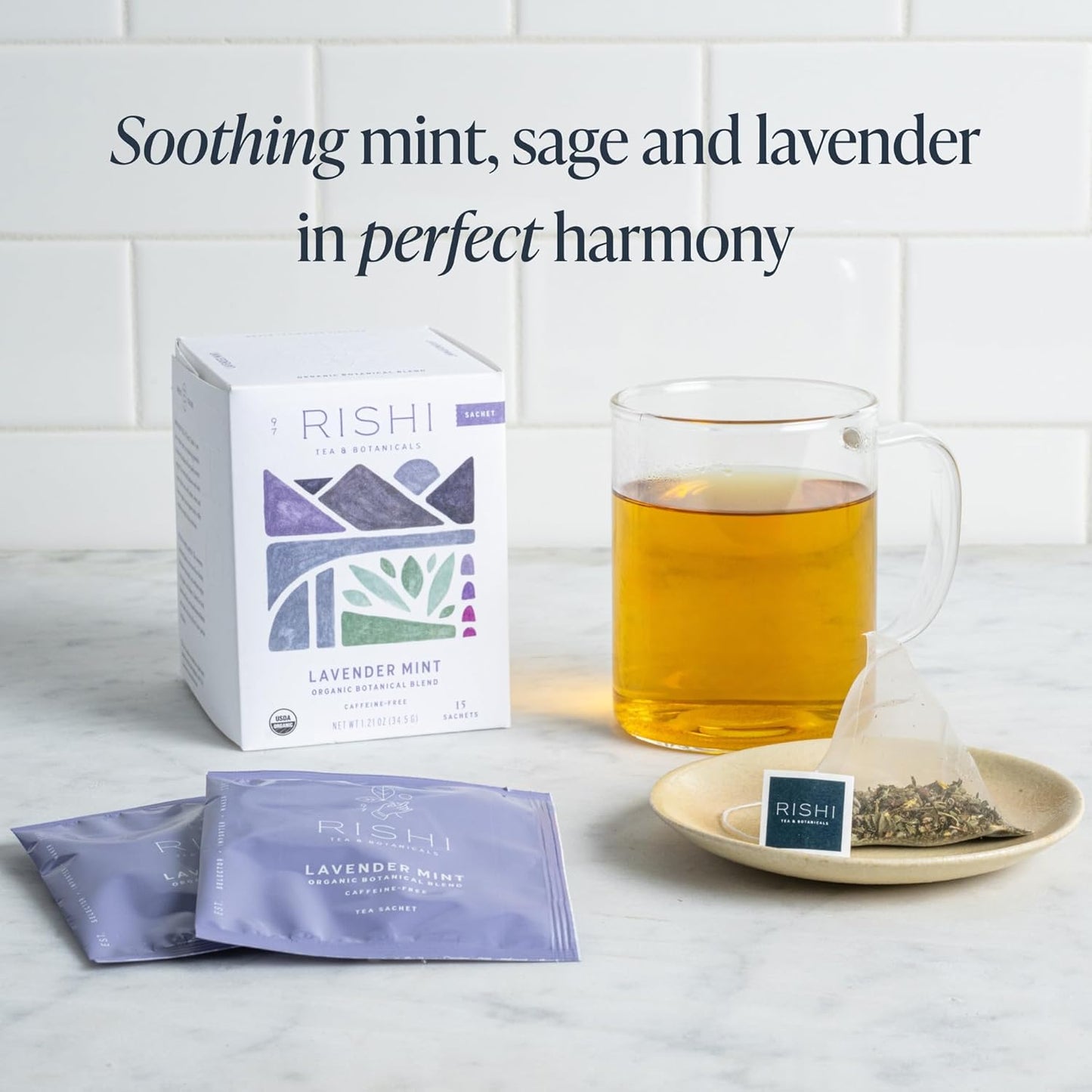 Rishi Tea Lavender Mint Herbal Tea - Organic, Caffeine Free Sachet Bags, Calming Lavender with Peppermint & Sage - 15 Count (Pack of 1)