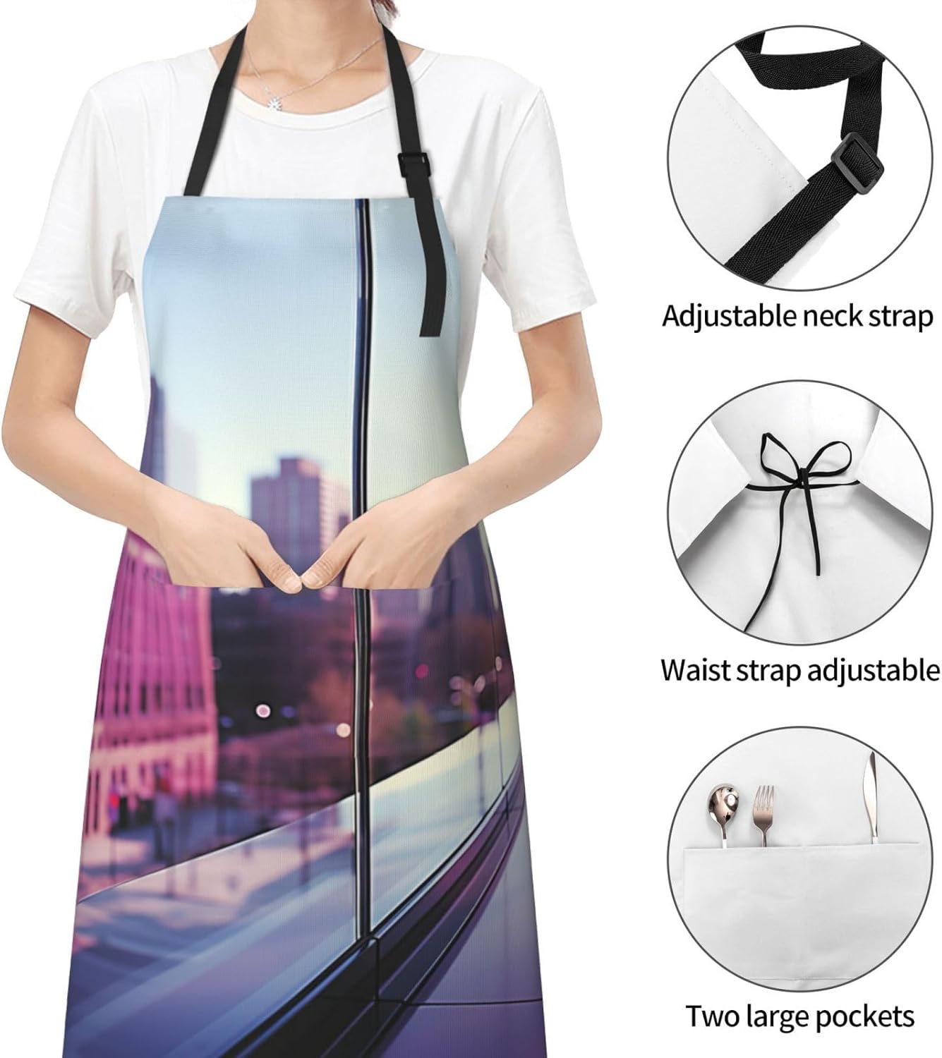 City Night Balcony Skyscrapers print Waterproof apron with pocket adjustable cooking apron for adult kitchen bibs to bake