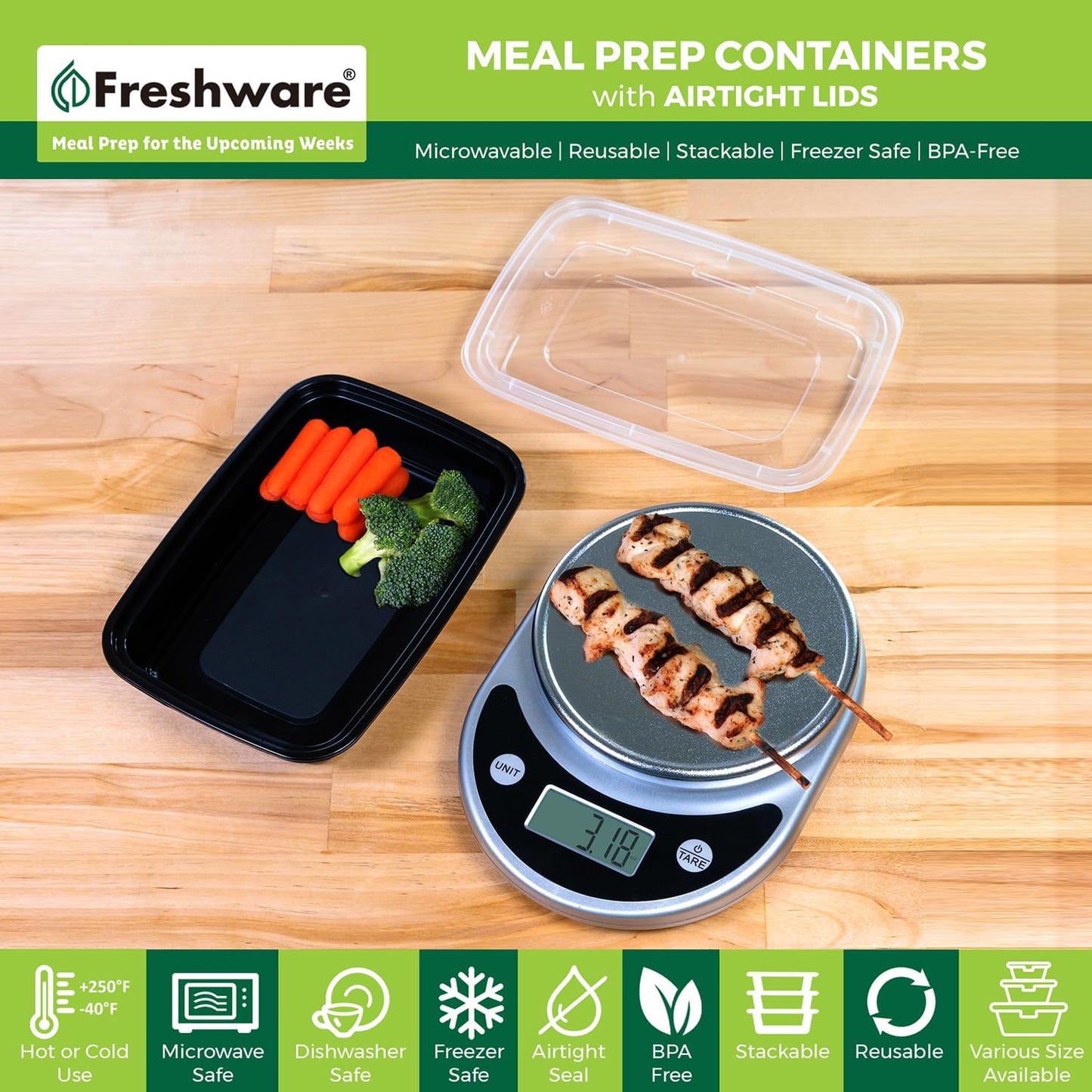 Freshware Meal Prep Containers [50 Pack] 1 Compartment with Lids, Food