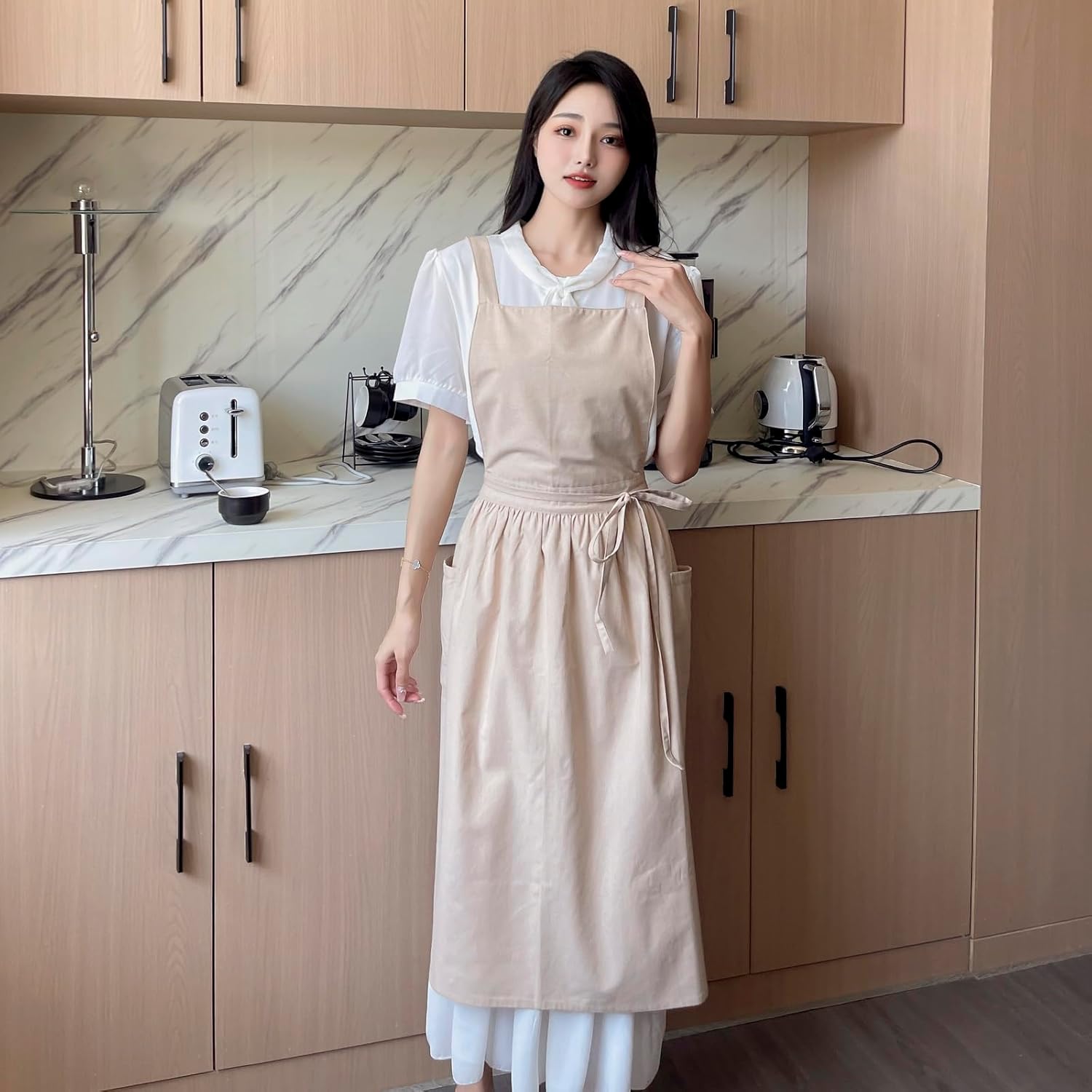 Pinafore Apron Dress，Japanese Cotton Linen Cross Back Apron for Women 