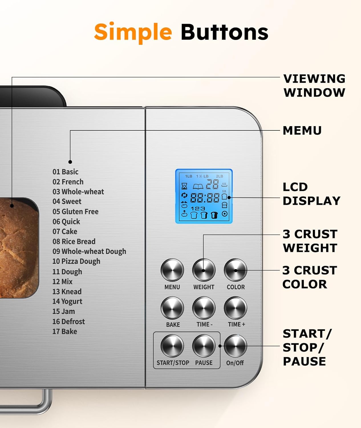 2LB Bread Maker Machine, OSIPOTO 17 in 1 Automatic Stainless Steel Bread Machine, Non-stick, Beginner-Friendly Controls, 15 Hour Timer, Easy to Clean Low Noise, High Success Rate for Homemade Bread