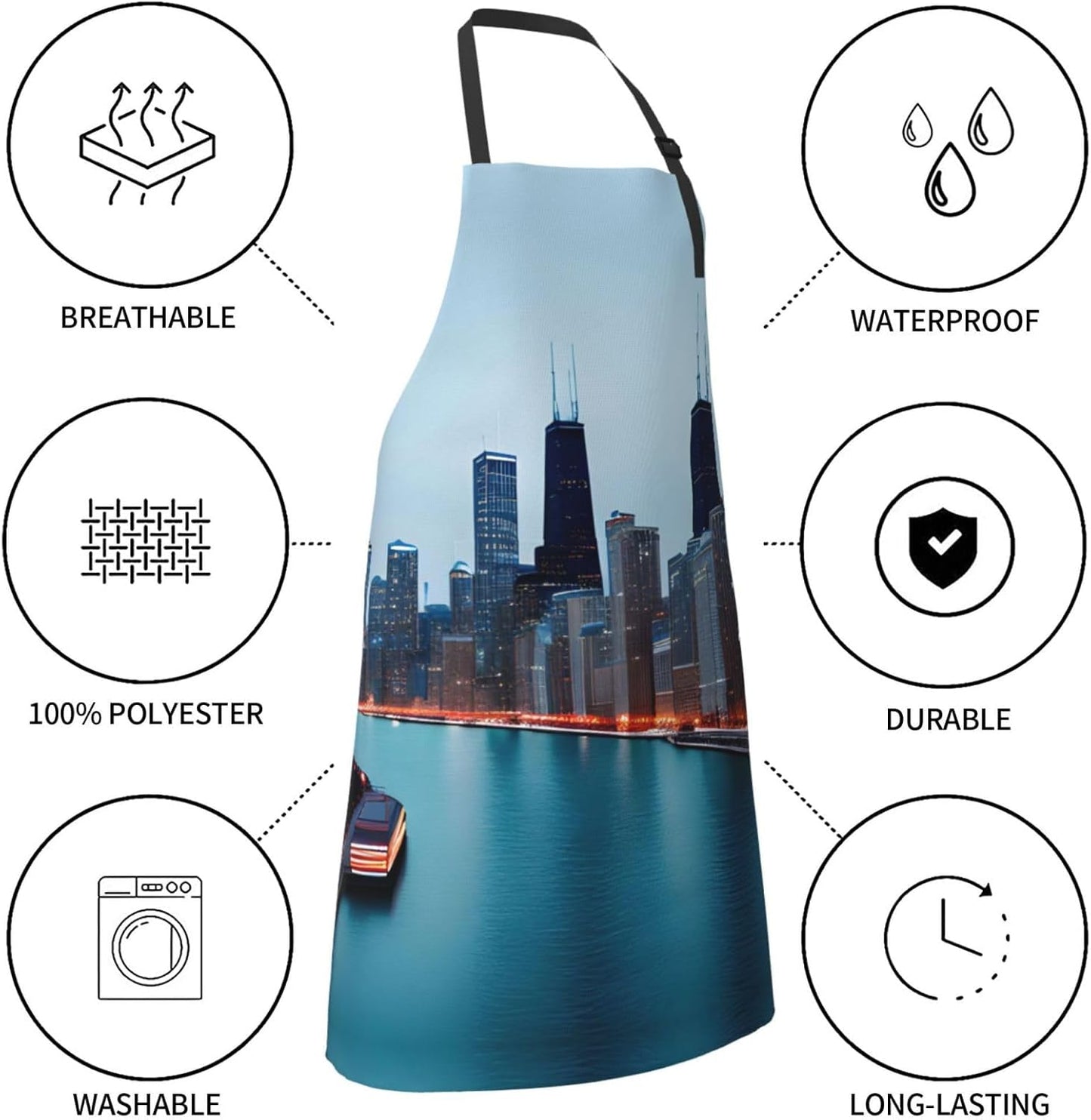 Chicago Print Laundry apron 28x33 In Waterproof Kitchen Apron with Pockets for Cooking Baking
