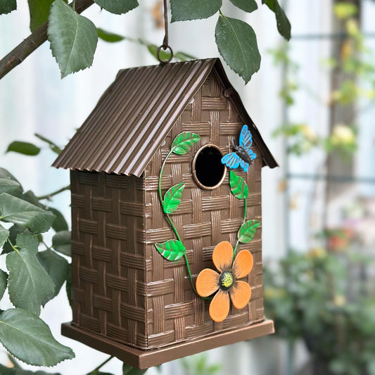 Metal Bird Houses for Outside Hanging,Colorful Decorative Garden Hand-Painted Birdhouses for Outdoors,Gift for Bluebird Wren Chickadee Cardinals Swallow,Gold