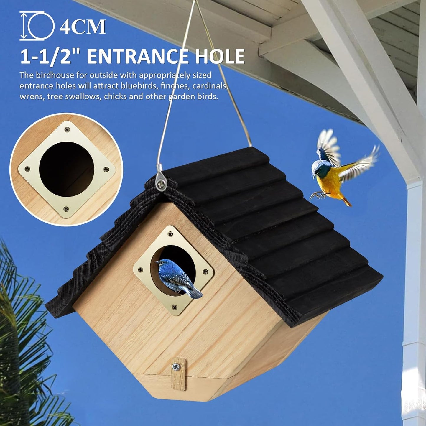 Bird House for Outside, Outdoor Bird Houses for Bluebirds, Finches & Cardinals, Wooden Birdhouse with Easy Clean Design, Hanging Birds Nest Box for Garden Decoration (8.6 x 5.9 x 7 Inch)