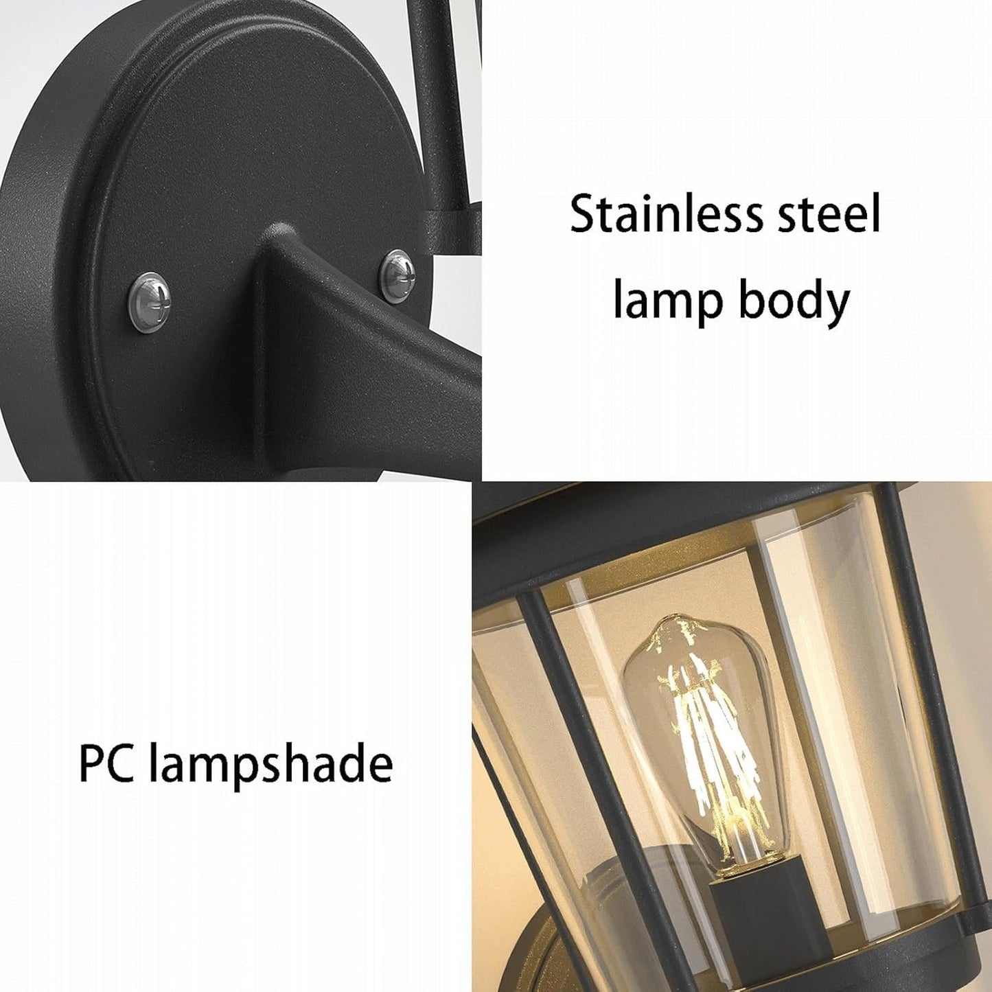 Solar Outdoor Wall Sconce Light, IP65 Waterproof Exterior Wall Lantern, Black LED Stainless Steel Wall Lamp with Clear PC Shade, Vintage Wall Mounted Fixture for Porch, Patio, Entryway