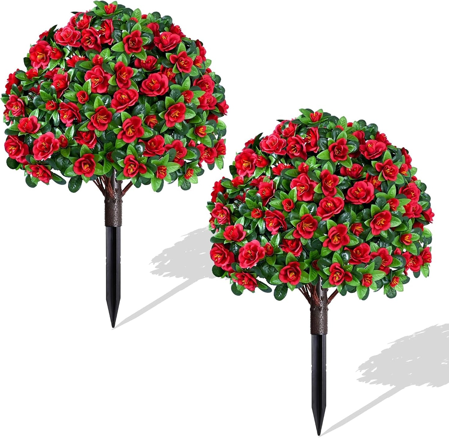Waipfaru 2 Pack Artificial Flowers Topiary Ball Trees for Outdoors, 24" Fake Bushes Plants, UV Resistant Faux Shrubs with Ground Spike for Front Porch Planters Patio Garden Yard Decor(Red)