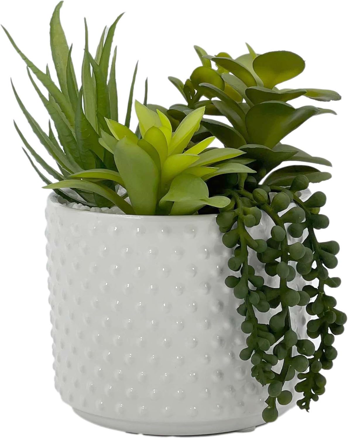 Galt International Faux Assorted Succulent Arrangement in White Dimpled Ceramic Porcelain Pot Planter 7.87" Tall | Home Decor Living Room Kitchen Washroom Restroom Office Plant