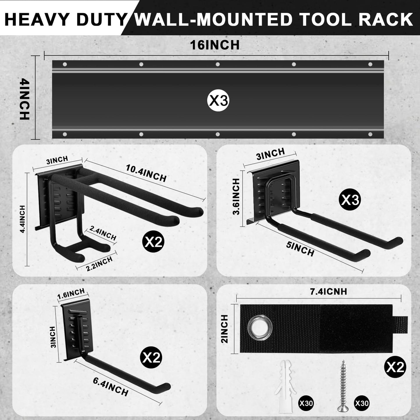 Garage Tool Organizer Wall Mount 48 inches Sturdy Storage Rack with Adjustable Hooks, Anti-Rust - Easy Installation, 12 Packs Capacity Garden Tool Organizer