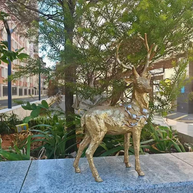 Elegant Golden Deer Sculpture with Large Antlers, Modern Resin Animal Statue with Metallic Finish for Outdoor Garden, Lawn, Patio, Living Room Decor, Striking Christmas & New Year Festival Gift