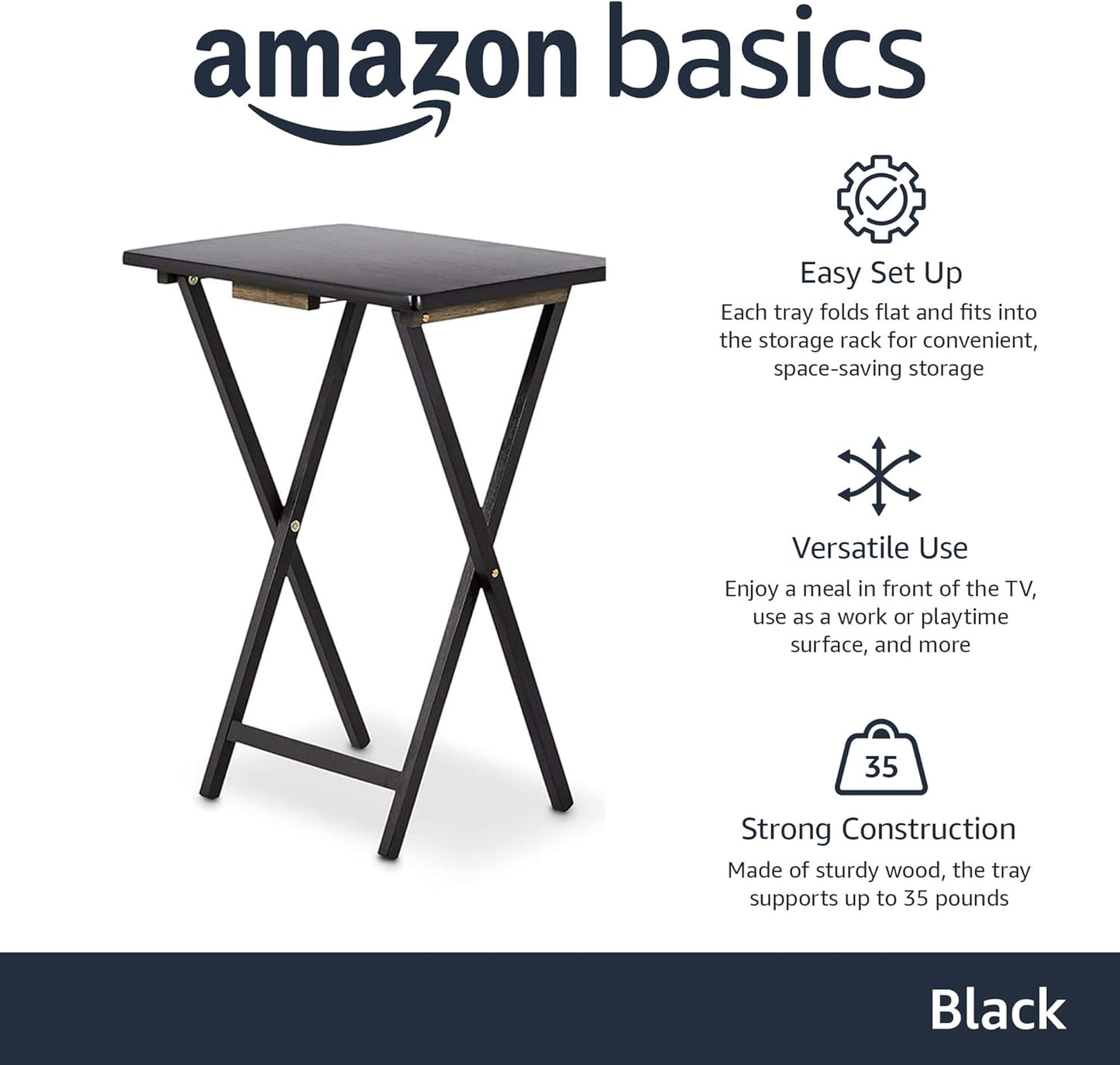 Amazon Basics Portable Foldable TV Tray Table with Storage Rack, Space