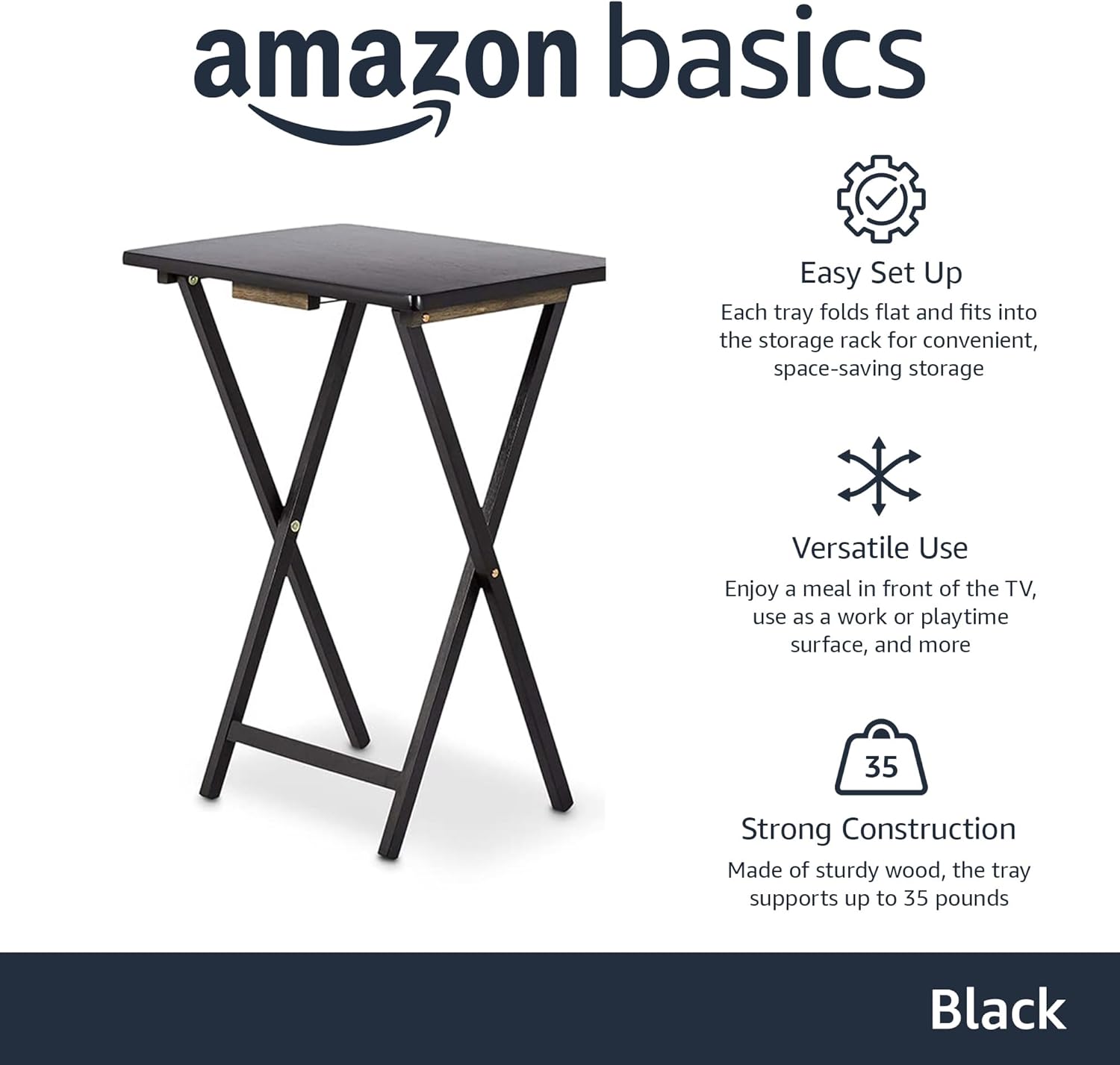 Amazon Basics Portable Foldable TV Tray Table with Storage Rack, Space