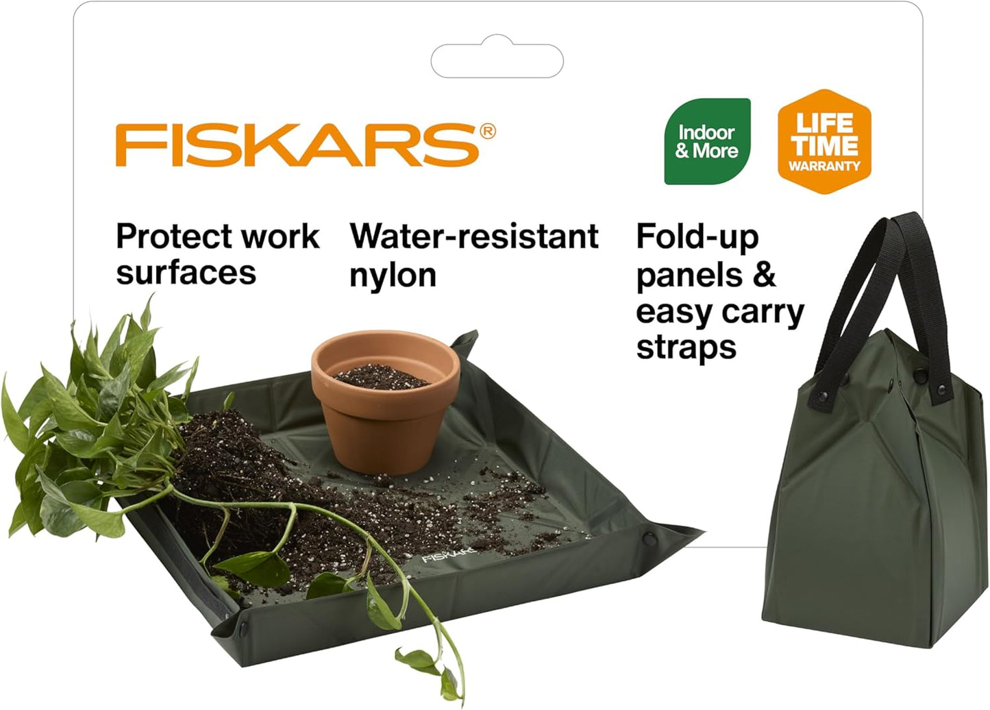Fiskars Planting Mat for Indoor Gardening – Foldable Repotting Mat and Potting Tray with Snap-Up Sides, Durable Water-Resistant Nylon, 17.5" x 17.5"