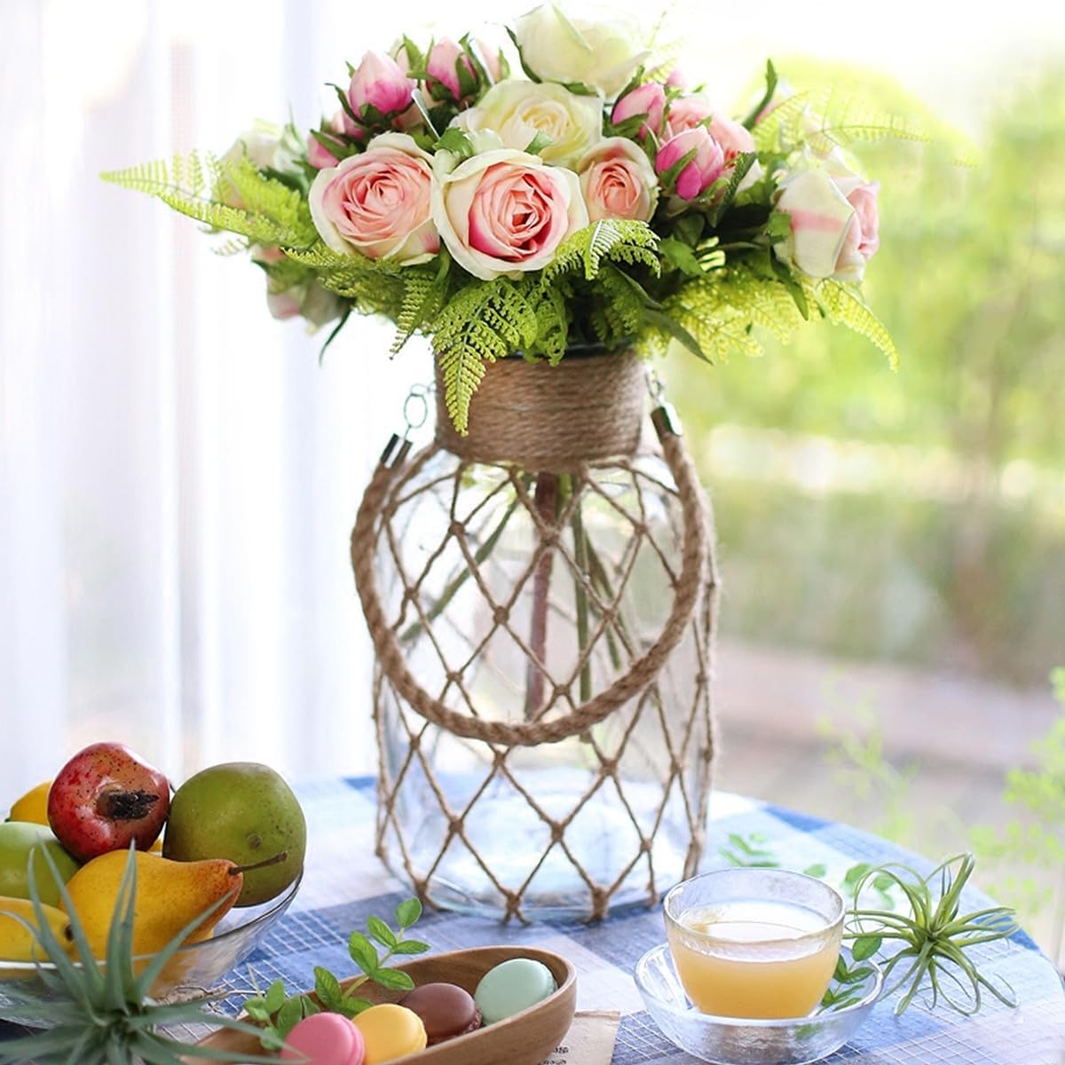 Milisten Rope Glass Vase Hydroponics Flower Pot with Natural Jute Twine Decorative Planter for Home Living Room Office Green Plant Container