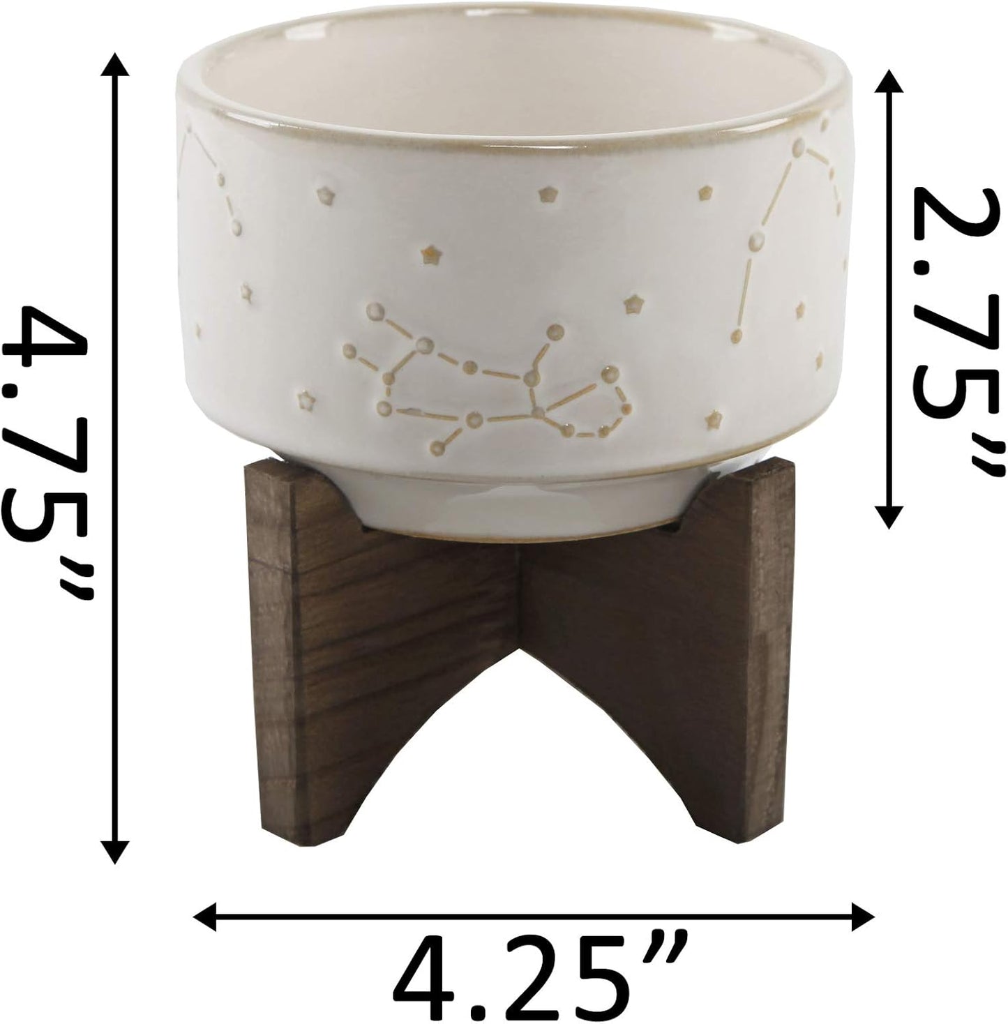 Flora Bunda 4 Inch Constellation Ceramic Pot on Wood Stand Mid Century,Ivory 4"