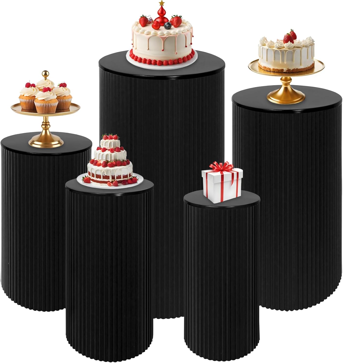Fivenl 5 Pcs Metal Pleated Cylinder Pedestal Stands for Party, Heavy Duty Black Round Cake Pedestal Stand Flower Plant Display Plinth Pillars for Wedding Birthday Event Decor (Black)