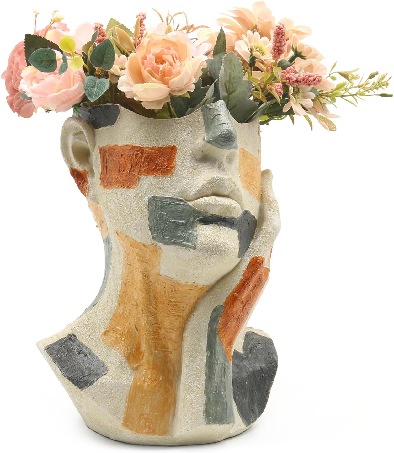 Lukitas Abstract Face Planter, Faux Sandstone Decorative Face Vase, Colorful Artistic Flower Plant Pot for Garden Patio Living Room, Resin 10.5''