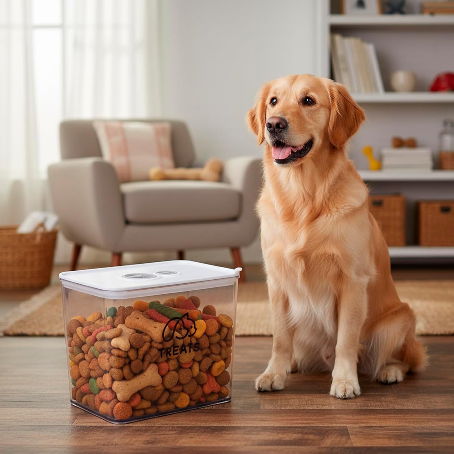 4Qt Pet Food Storage Containers, Airtight Dog Food Storage Container with Chronograph Wheel Design, Dog Treat Container with Suitable for Pet,Bird Seeds,Dog & Cat Treats(White)