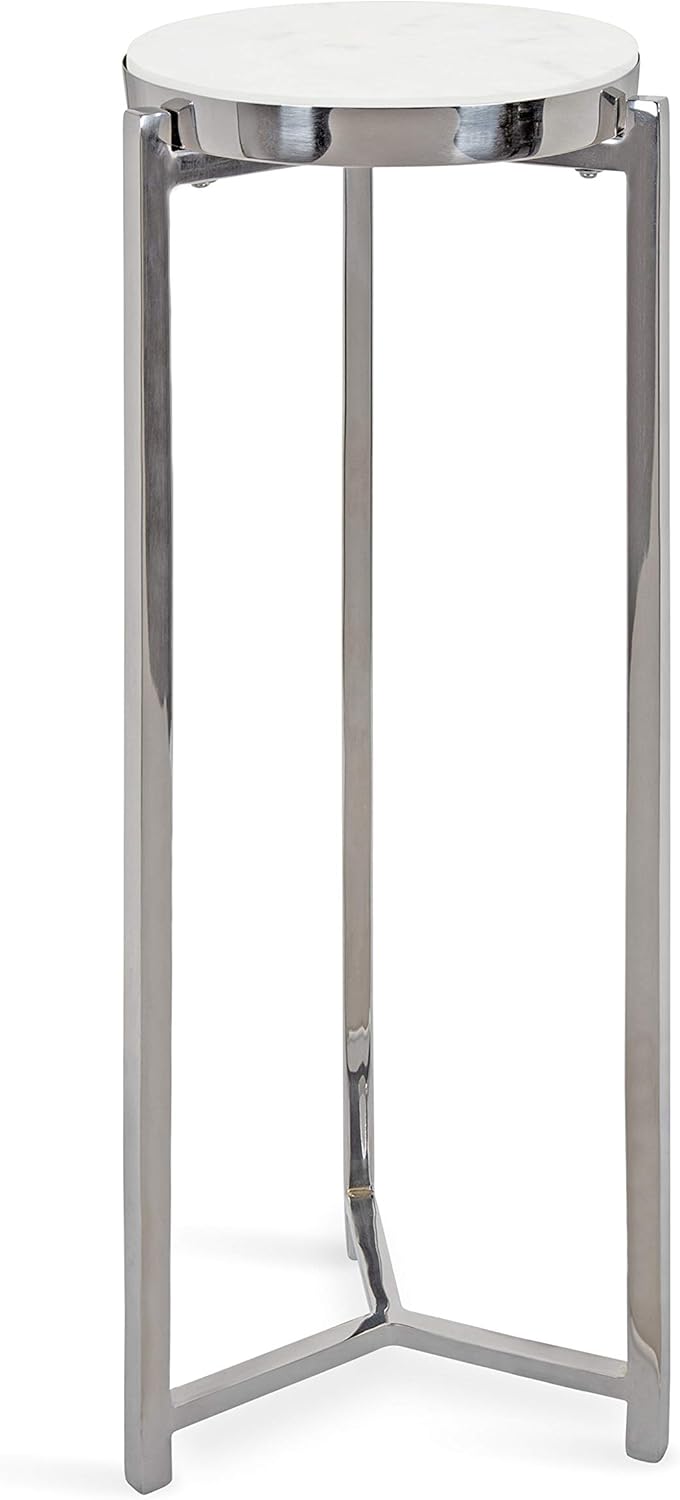 Kate and Laurel Aguilar Glam Round Drink Table, 8 x 8 x 23, Silver and White, Small Accent Table for Use as Plant Pedestal Stand with Marble Tabletop