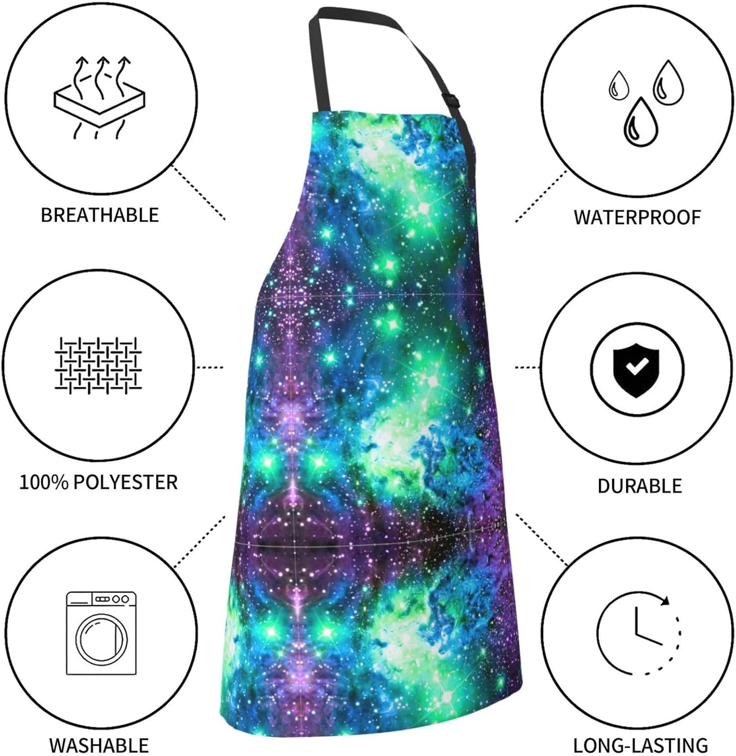 Green Blue Purple Galaxy Print 28x33 In Adult Kitchen Apron with Pockets Versatile Chef Smock for Cooking Baking