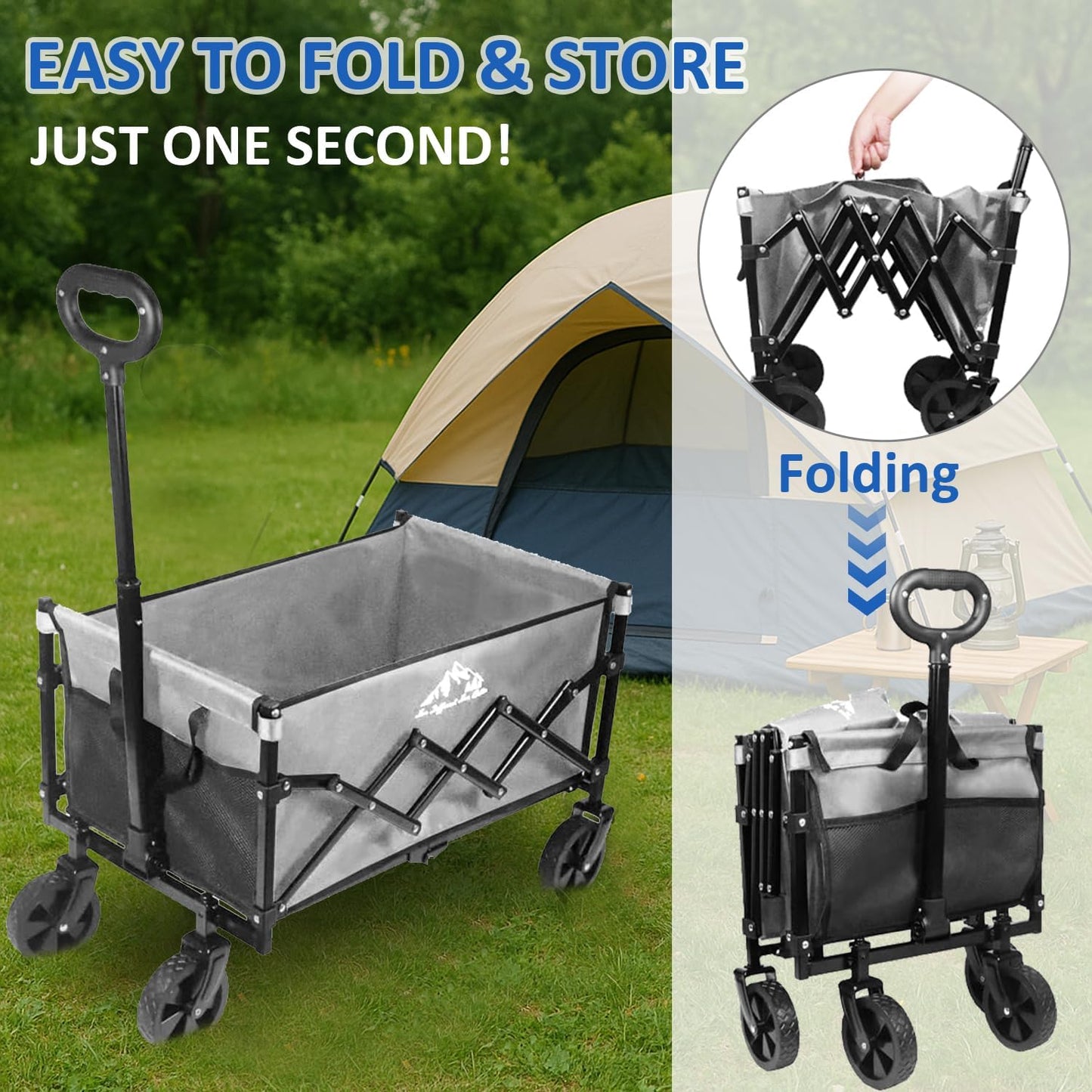 Collapsible Wagon Folding Utility Cart, Beach Wagon 352LBS Heavy-Duty with Adjustable Handles, 5" Quiet Swivel Wheels, Lightweight (11lbs) for Groceries, Camping, Moving, Gray