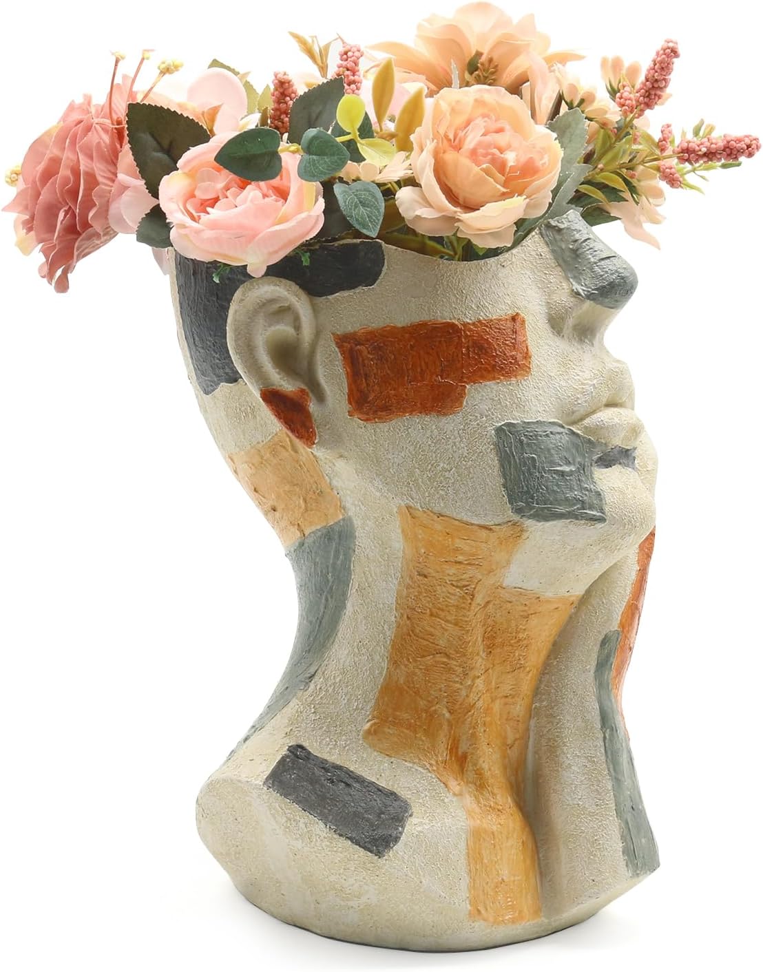 Lukitas Abstract Face Planter, Faux Sandstone Decorative Face Vase, Colorful Artistic Flower Plant Pot for Garden Patio Living Room, Resin 10.5''