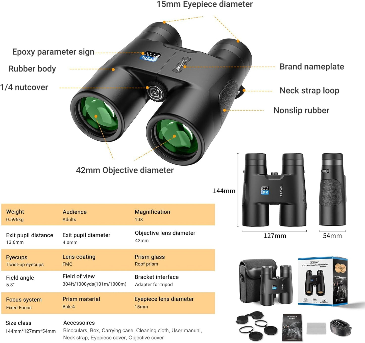 10x42 Focus-Free Binoculars,Professional High Powered HD Large View Focus-Free Binoculars,with BAK-9 Prism FMC Lens for Bird Watching Hunting Trave Watching Sport Events