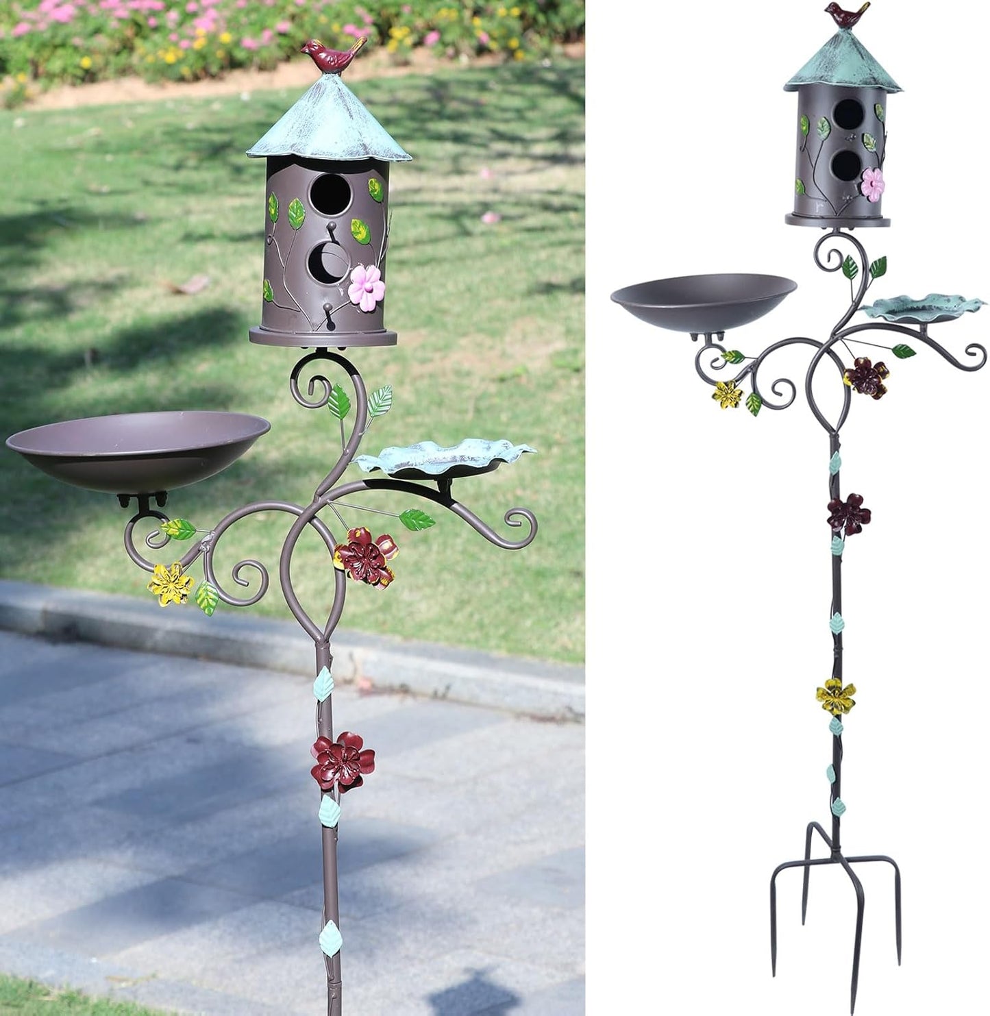 58" H Metal Bird Baths and Bird Houses for Outside with Pole,Birdhouses for Outdoors with Birdfeeder,3-in-1,Garden Yard Decor