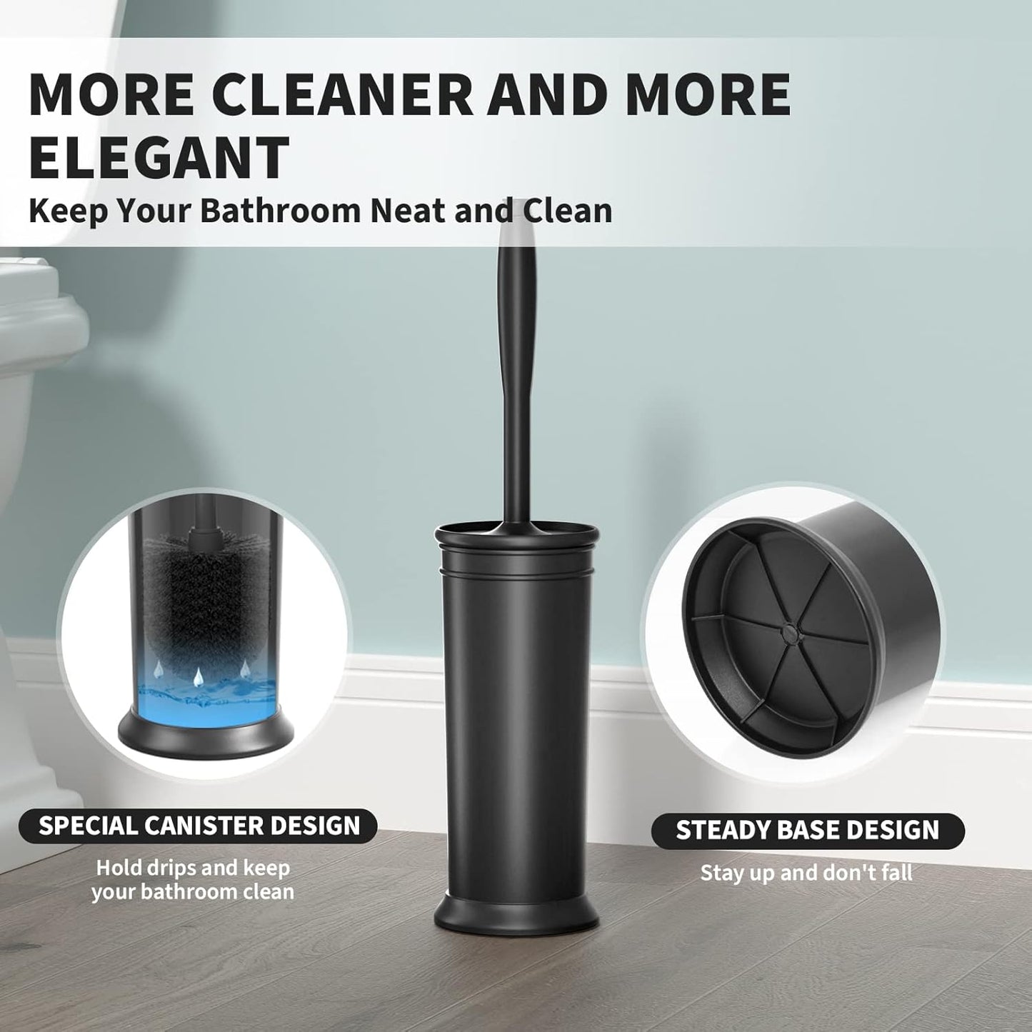 UPTRONIC Toilet Brush, Toilet Bowl Brush with Extra Long Handle Durable Bristles Toilet Scrubber and Covered Holder for Toilet Brush Set for Bathroom Cleaning (Black, 1 Set)