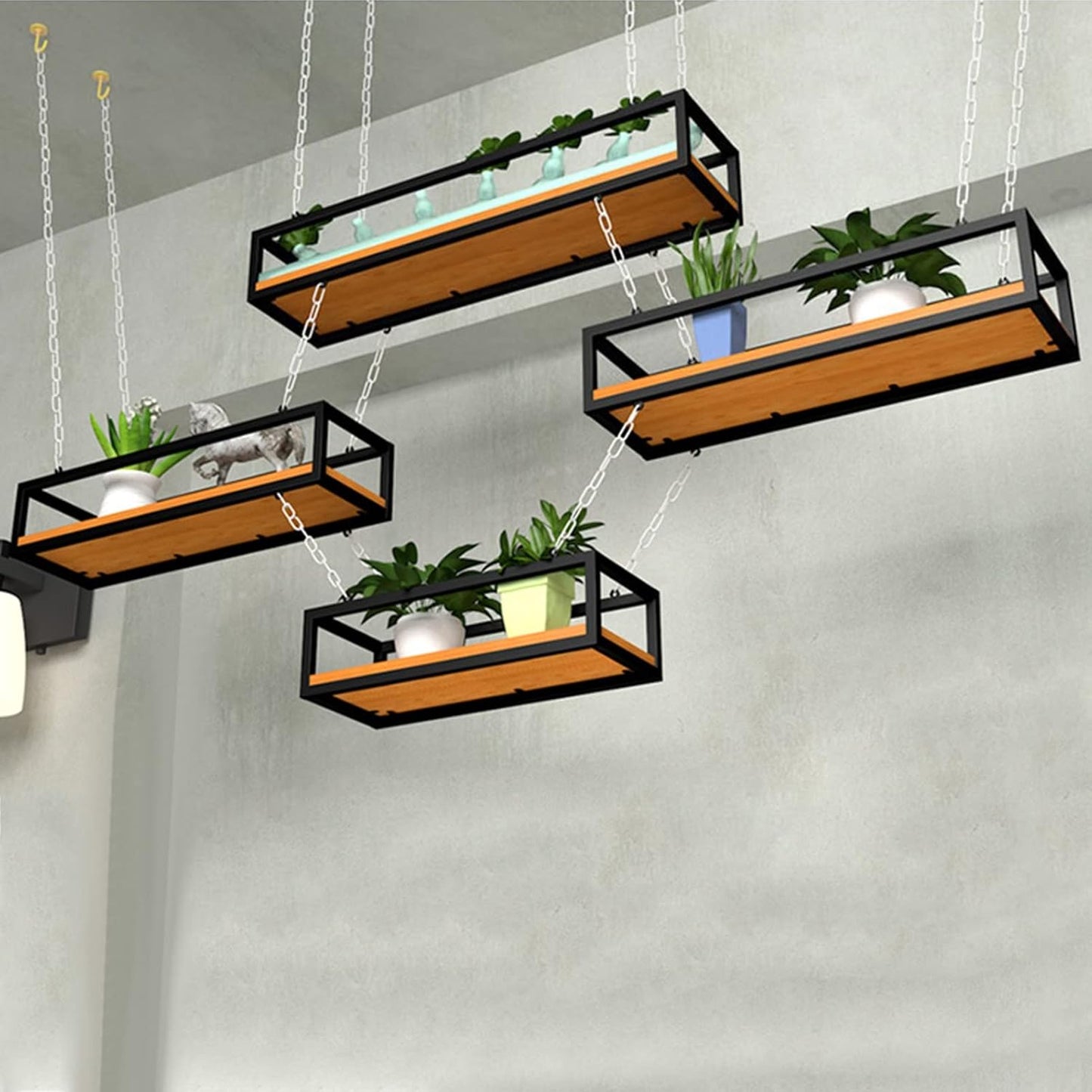 Creative Ceiling Hanging Flower Pot Rack, Solid Wood & Iron Plant Stand, Decorative Railing Shelf for Indoor/Outdoor Storage, 80x25x15cm Planter Organizer.