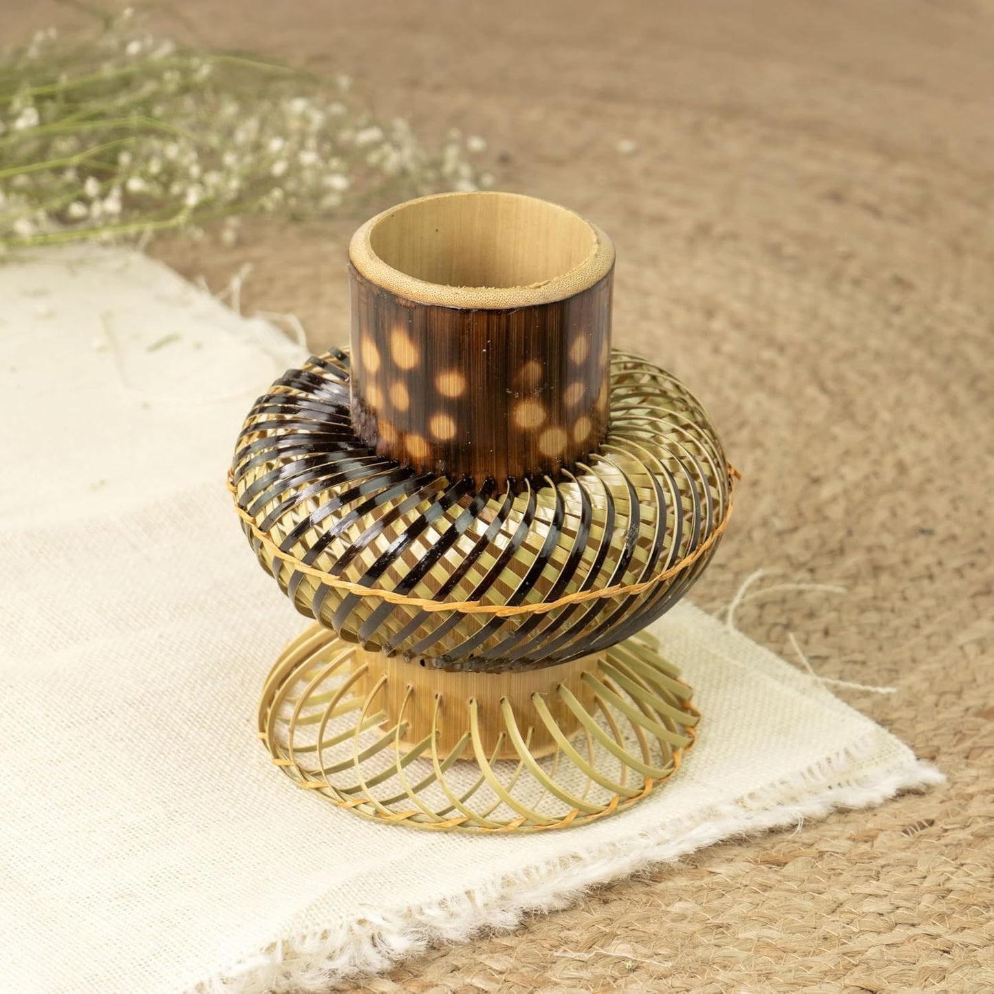 Handmade Bamboo Flower Vase - Natural Rustic Planter Pot for Indoor Outdoor Plants - Eco Friendly Farmhouse Boho Home Decor Centerpiece for Christmas Thanksgiving Idea