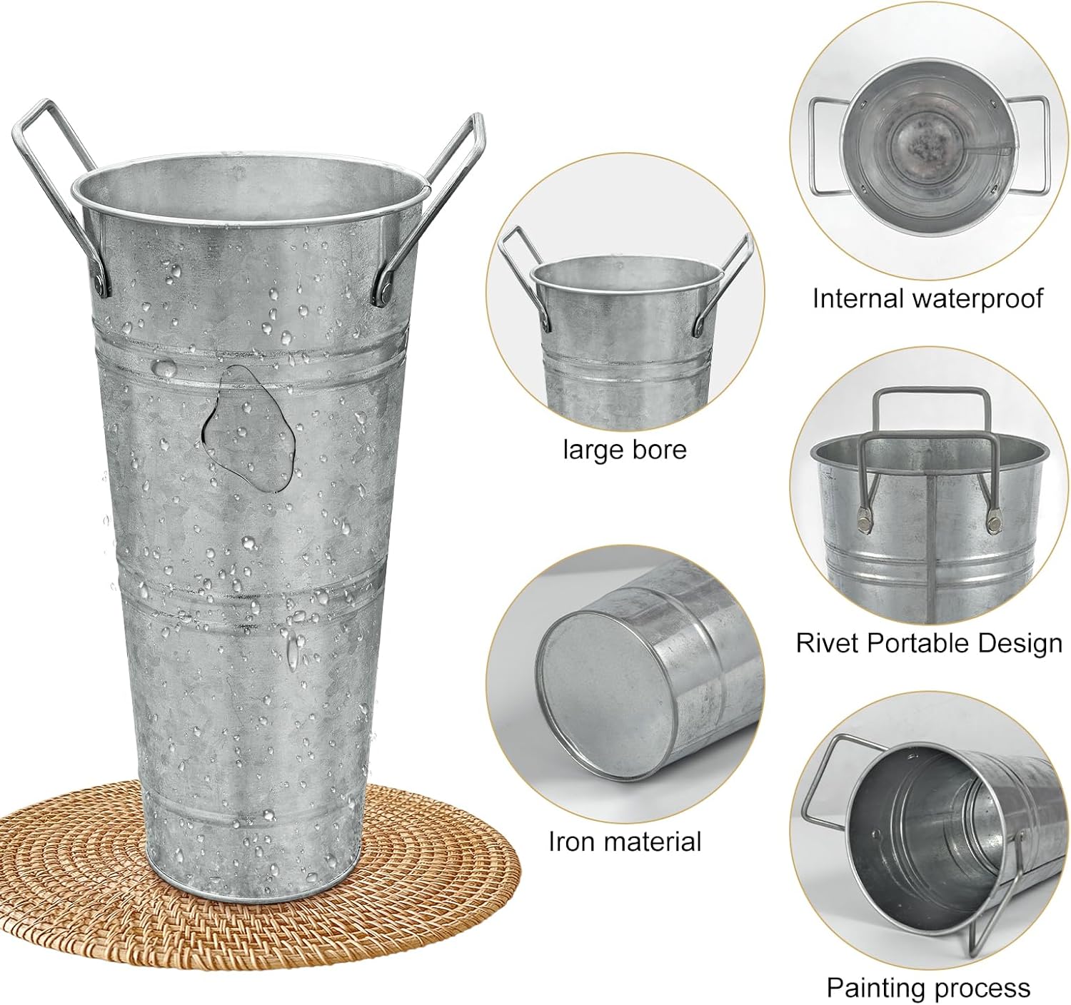9 Inch White Metal Flower Buckets with Handles,8Pcs Tall Galvanized Va
