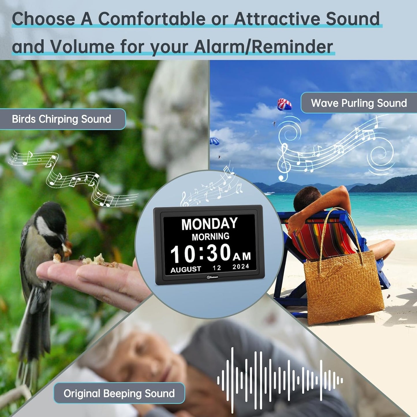 Soobest Dementia Digital Clock for Seniors Elderly, 20 Alarm Reminders 3 Ringtones for Memory Loss Alzheimers, Electric Time Date Day Large Display Calendar Clock, Auto DST, 1024 * 600P HD