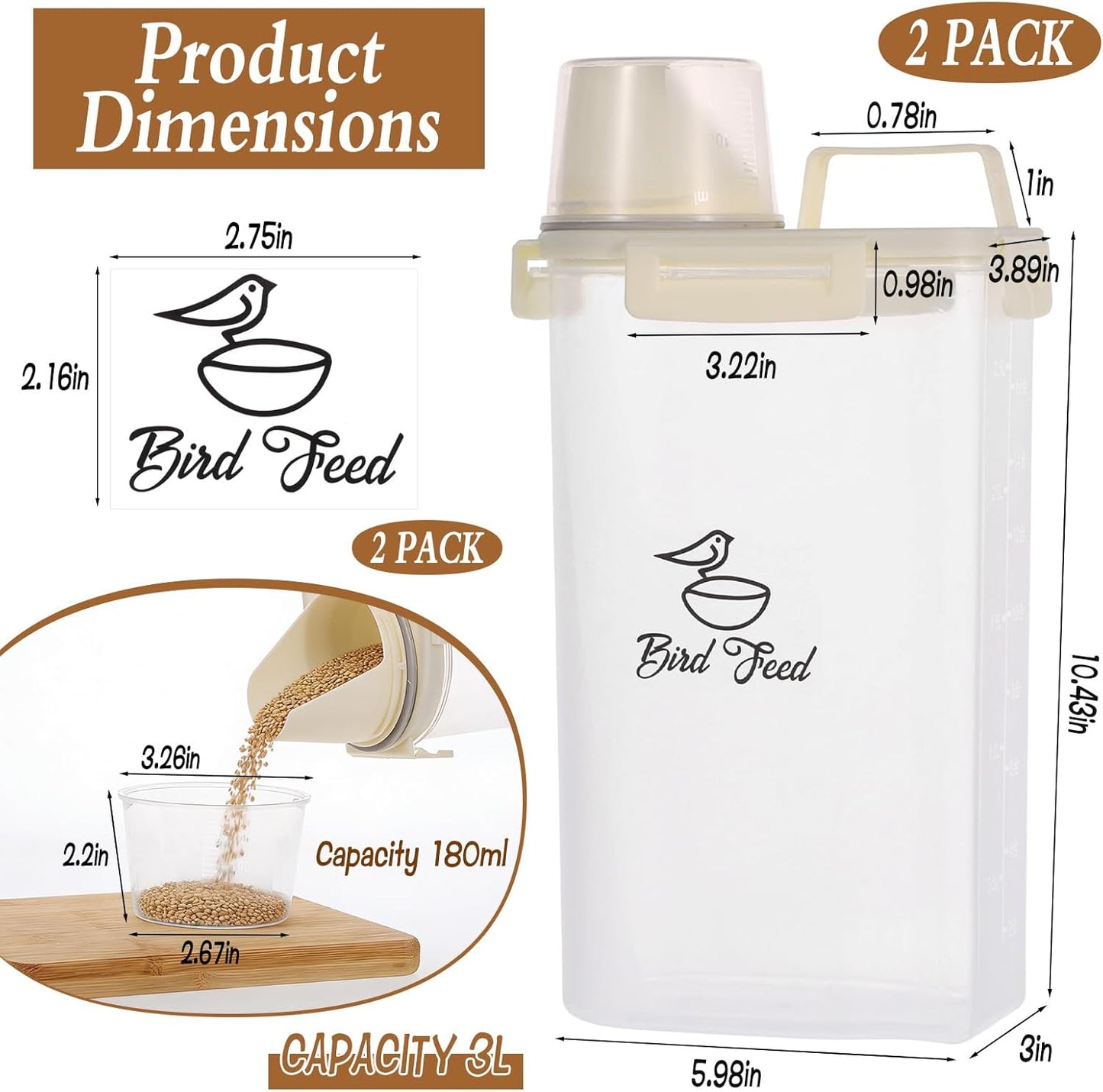 2 Pcs 3.17 Qt/3 L Bird Seed Storage Container Airtight- Portable Plast