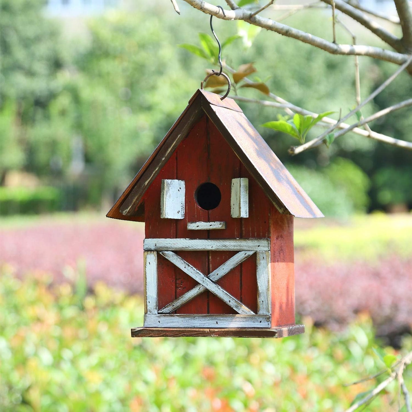 Topadorn Birdhouse, 10.5" H Hanging Wooden Garden Bird House for Outside, Unique for Bird Lovers, Outdoor Holiday Garden Decor for Blue Bird, Cardinals, Sparrow, Chickadee