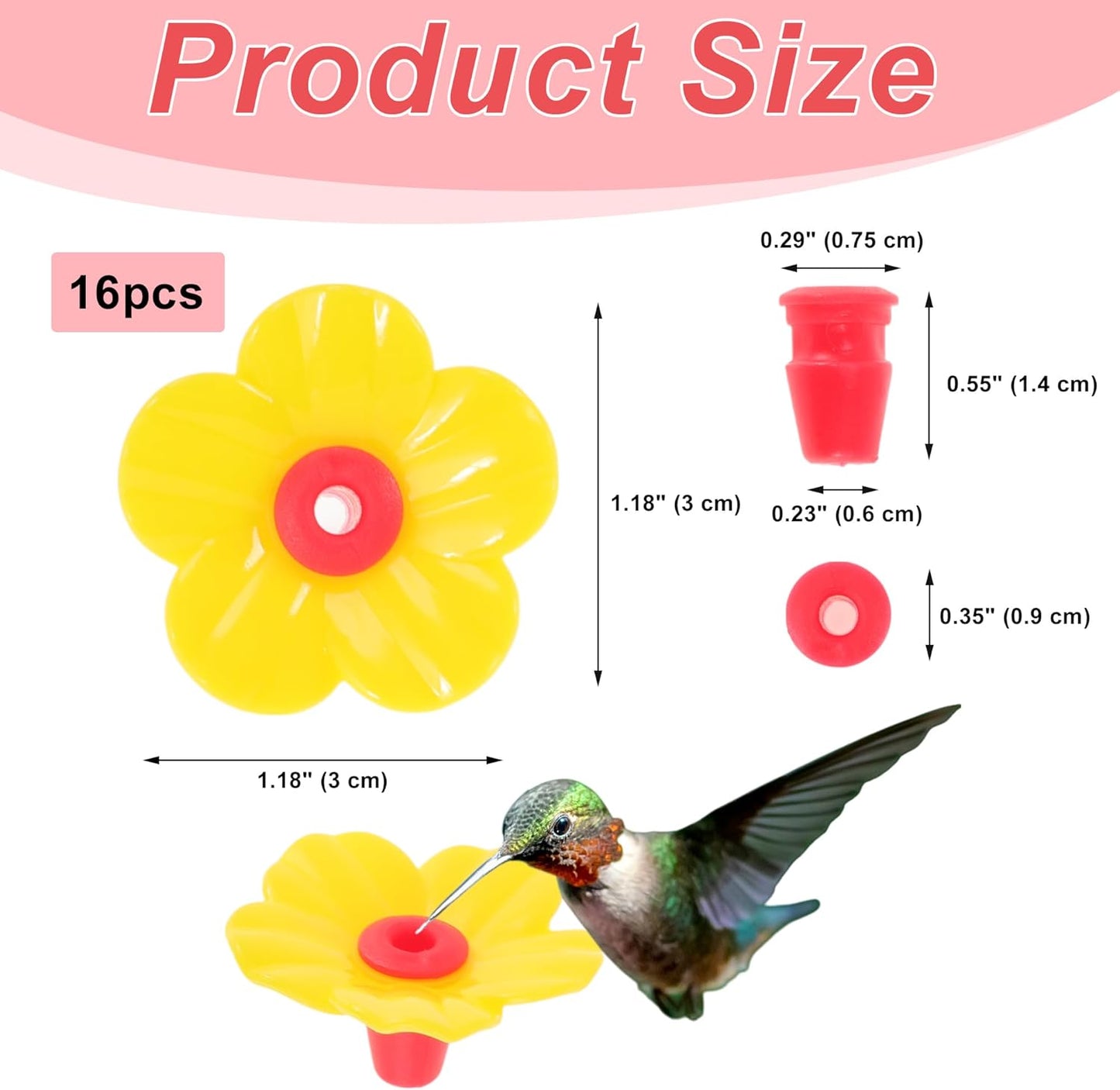 Hummingbird Feeder Parts, Durable Hummingbird Feeder Replacement Flowers, Easy Installation, Yellow, Red, 16 Pcs