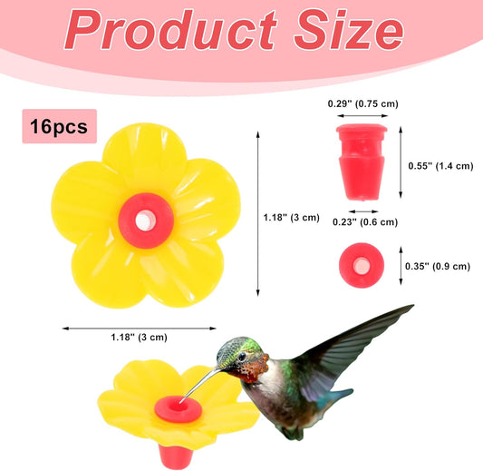 Hummingbird Feeder Parts, Durable Hummingbird Feeder Replacement Flowers, Easy Installation, Yellow, Red, 16 Pcs