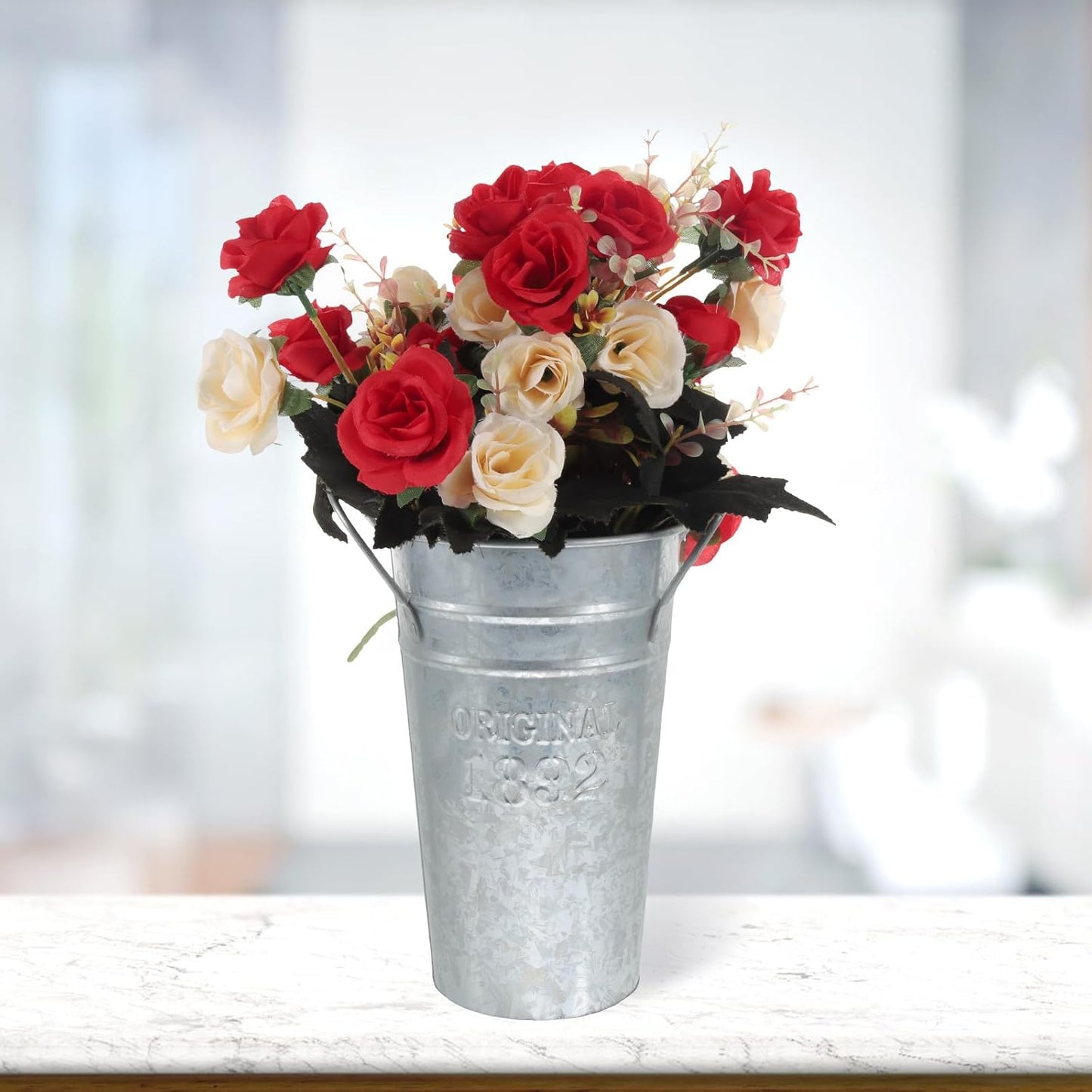 2 Pcs Retro Metal Iron Bucket Flower Vases with Handles, Vintage Rusti