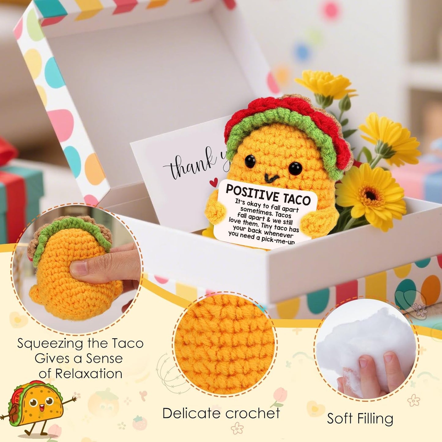 LuoHere Positive Crochet Taco Birthday Gifts for Women Men Easter Basket Stuffers Essentials Adult Kids Son Mom Dad Daughter Sister Friend Coworkers Self Care Emotional Inspirational Support