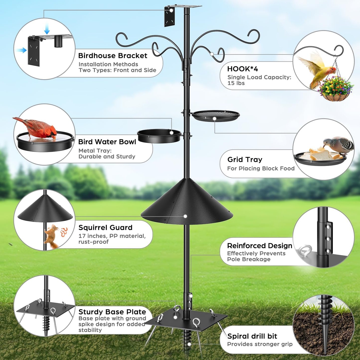 2026 Upgraded Heavy Duty Bird Feeder Pole,92 Inch Squirrel Proof Adjustable Bird Feeding Station,4 Shepherd Hooks for Feeder Stand, Includes Water Bowl and Mesh Tray,for Outdoor Garden & Yard