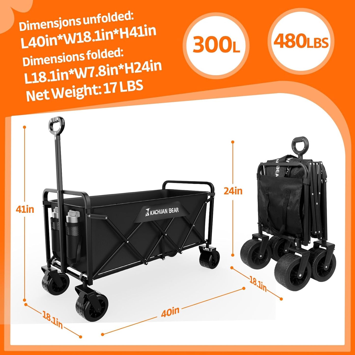 300L Large Collapsible Wagons Carts with Big All-Terrain Beach Wheels,