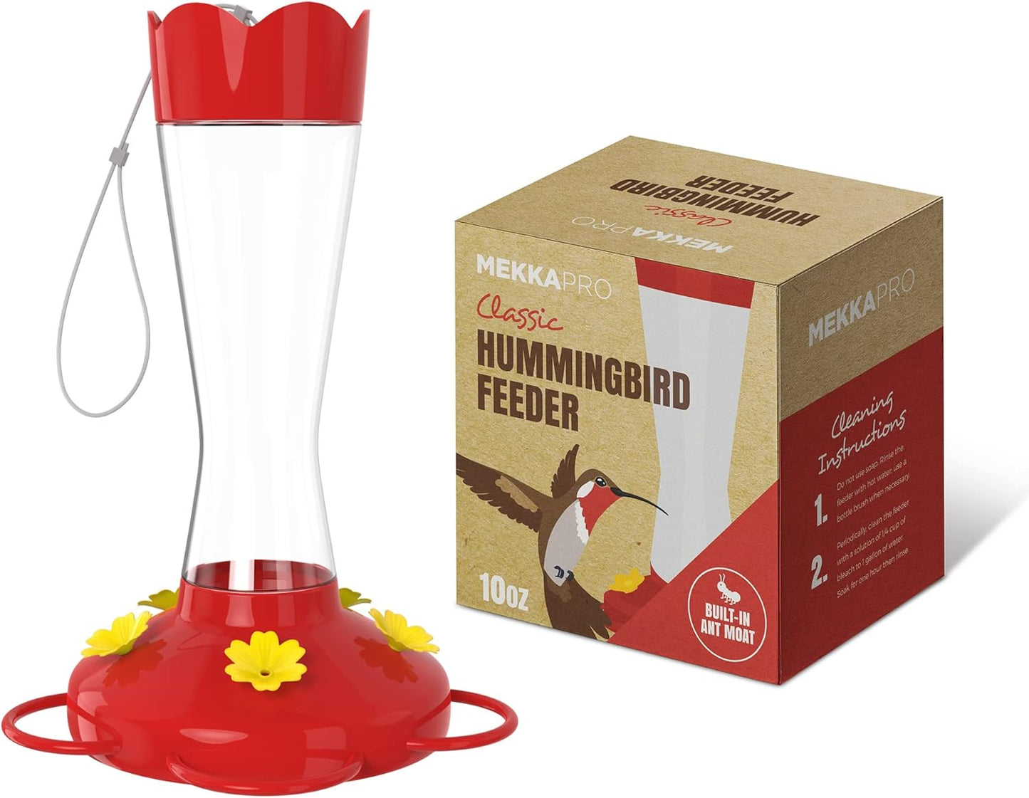 MEKKAPRO Outdoor Hummingbird Feeder Made from Glass, Humming Bird Feeders for Outdoors Hanging Ant and Bee Proof with 5 Nectar Feeding Stations, Bright Red, Backyard Feeder (10 Ounces)