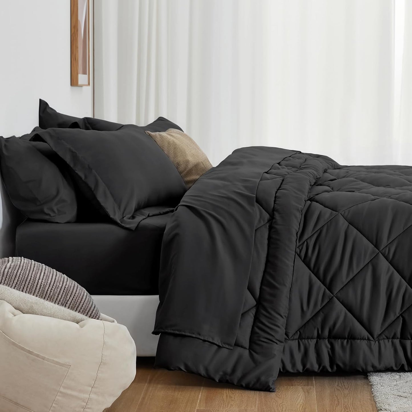 Love's cabin King Size Comforter Set Black, 7 Pieces King Bed in a Bag