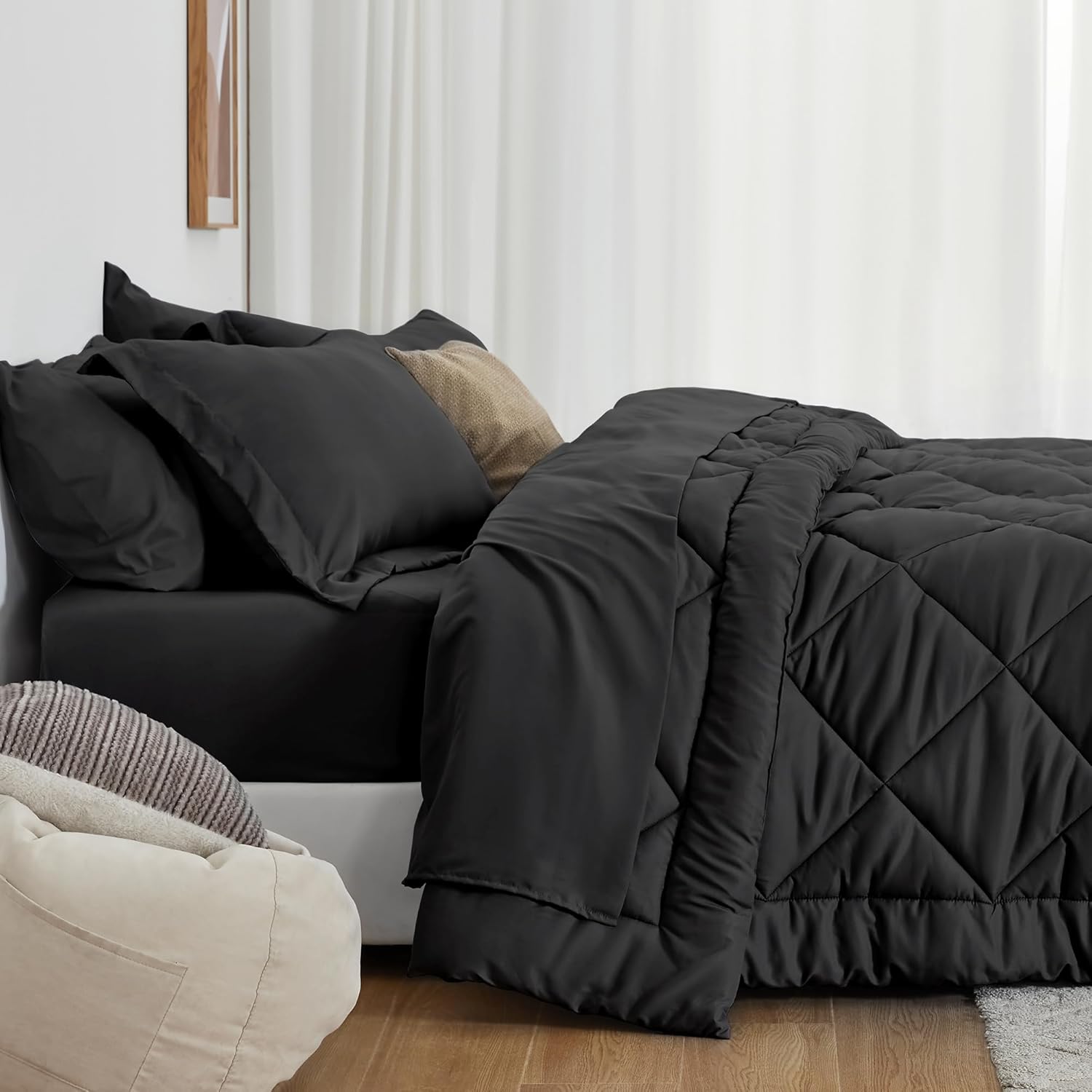 Love's cabin King Size Comforter Set Black, 7 Pieces King Bed in a Bag