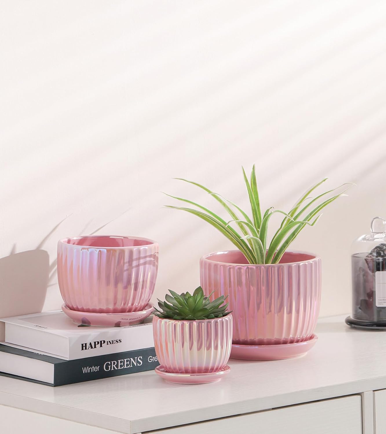 Ton Sin Pink Gold Ceramic Flower Pots, 4"+5"+6" Inch Small Glazed Succ