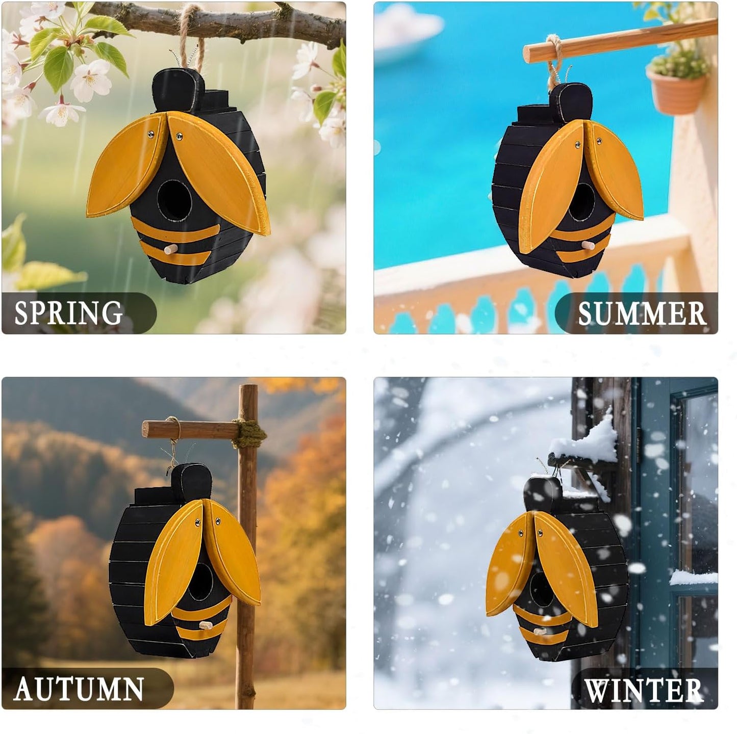 Bee Shaped Wooden Birdhouse - Handmade Bird Houses for Outside - Cute Bee Design for Garden Decoration